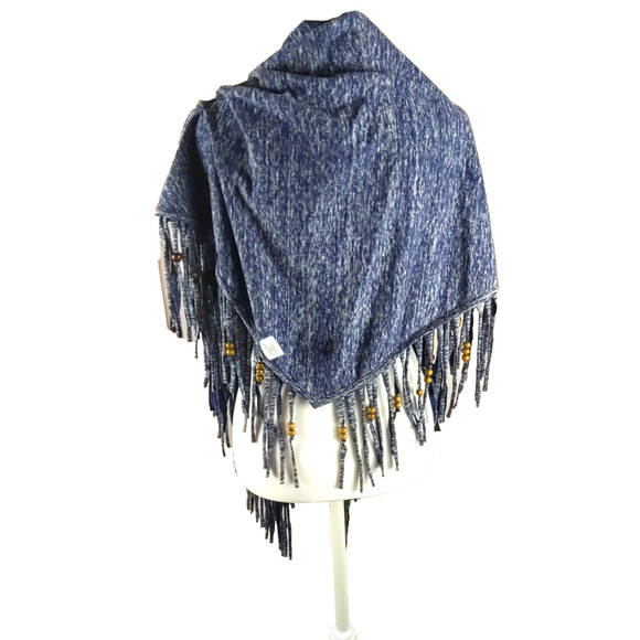 Triangle Scarf Beaded Fringe Blue Gray Cotton Material 64" X 26 Shawl Type - Picture 3 of 7